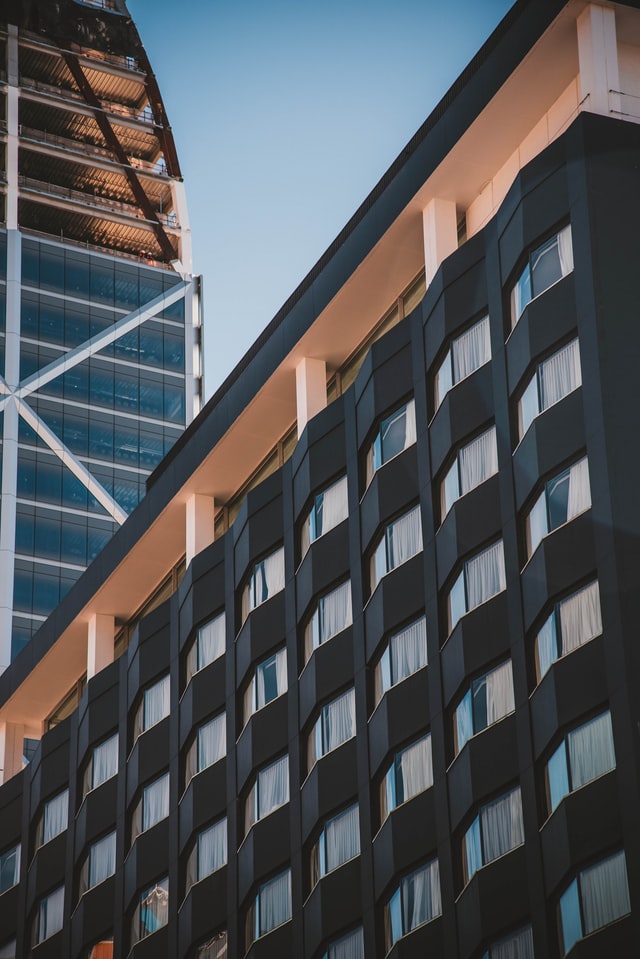 Close up of rows of city building windows